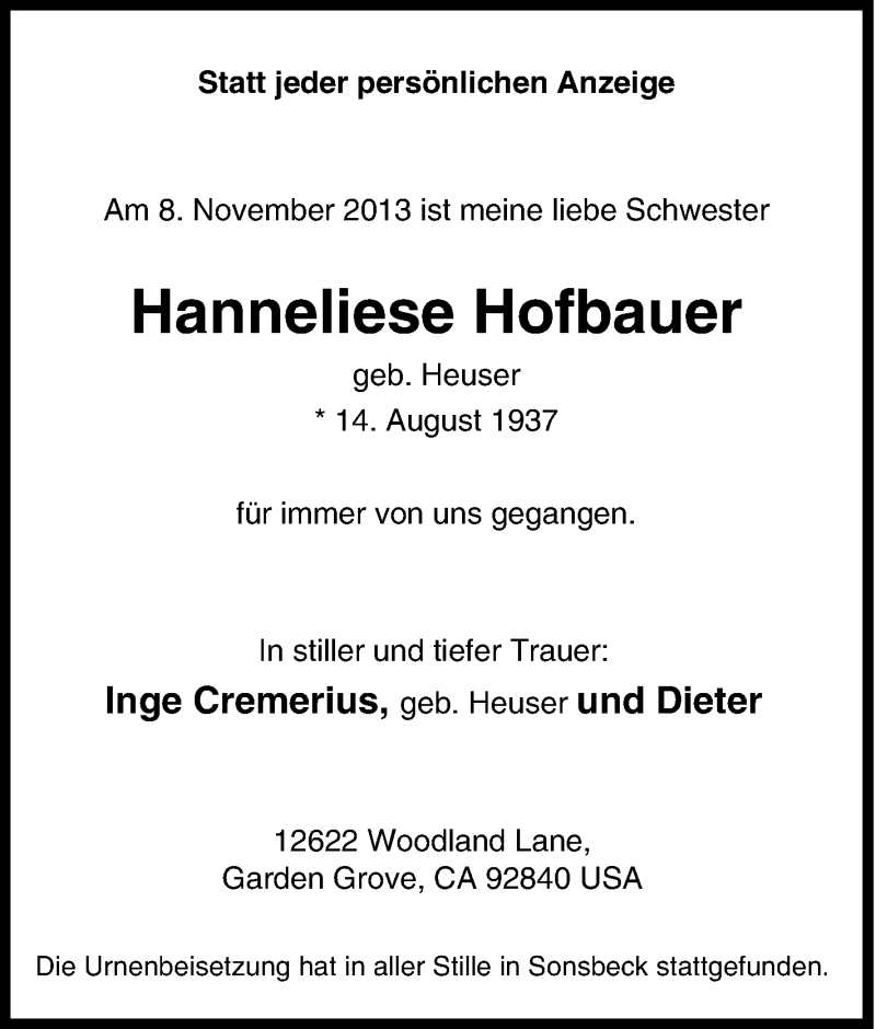  Traueranzeige für Hanneliese Hofbauer vom 23.11.2013 aus Tageszeitung