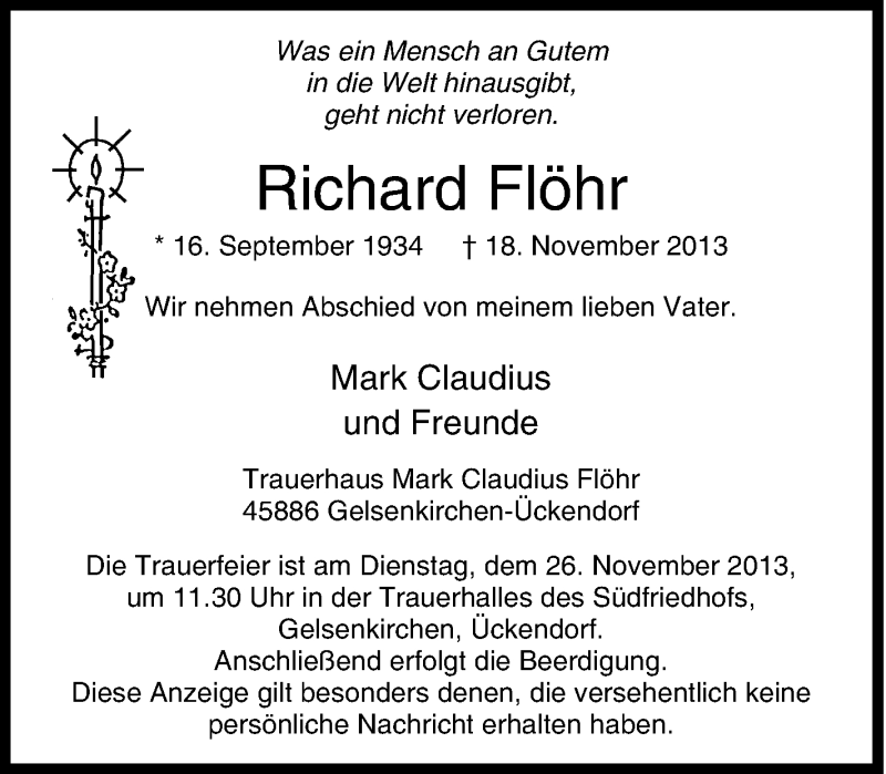  Traueranzeige für Richard Flöhr vom 22.11.2013 aus Tageszeitung