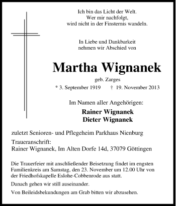 Traueranzeige von Martha Wignanek von Tageszeitung
