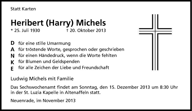  Traueranzeige für Heribert Michels vom 22.11.2013 aus Tageszeitung