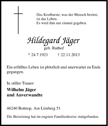 Traueranzeige von Hildegard Jäger von Tageszeitung