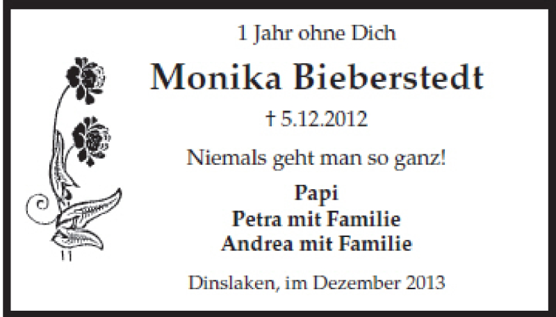  Traueranzeige für Monika Bieberstedt vom 05.12.2013 aus Tageszeitung