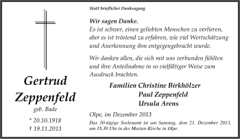 Traueranzeige von Gertrud Zeppenfeld von Tageszeitung