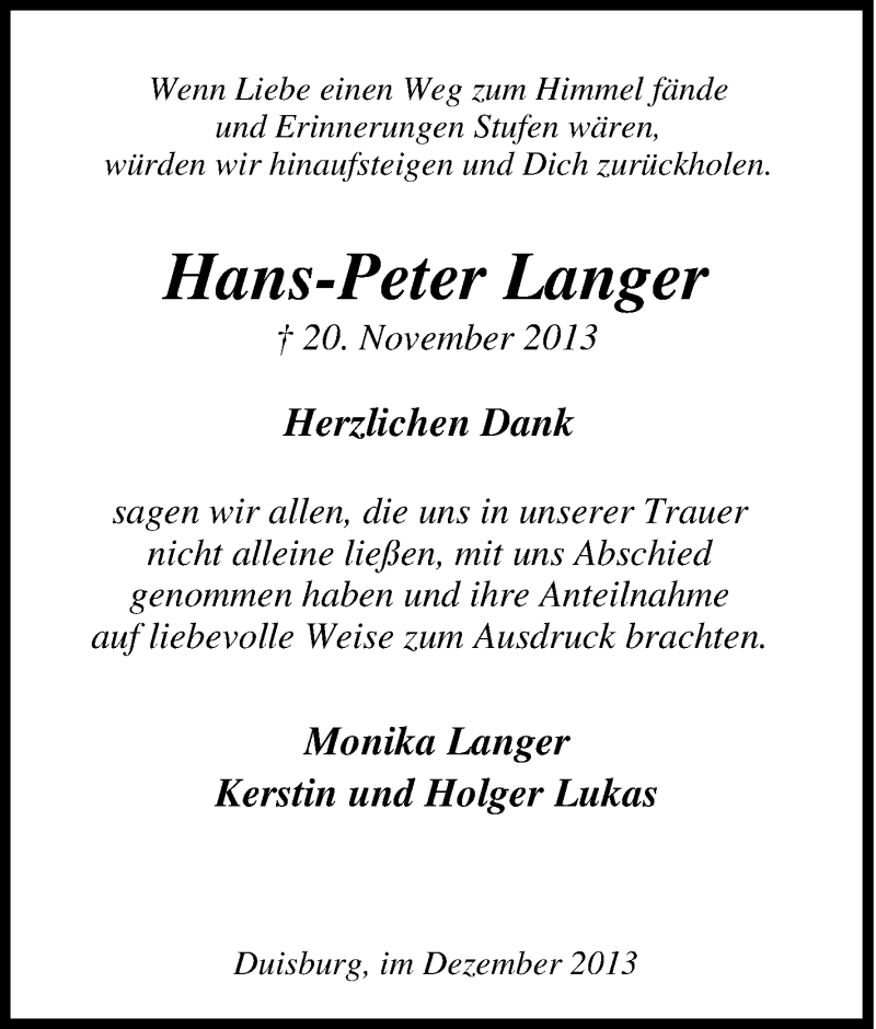  Traueranzeige für Hans-Peter Langer vom 14.12.2013 aus Tageszeitung