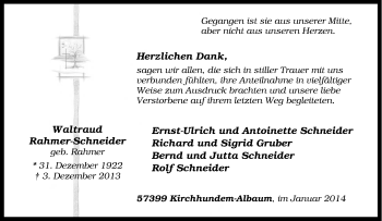 Traueranzeige von Waltraud Rahmer-Schneider von Tageszeitung