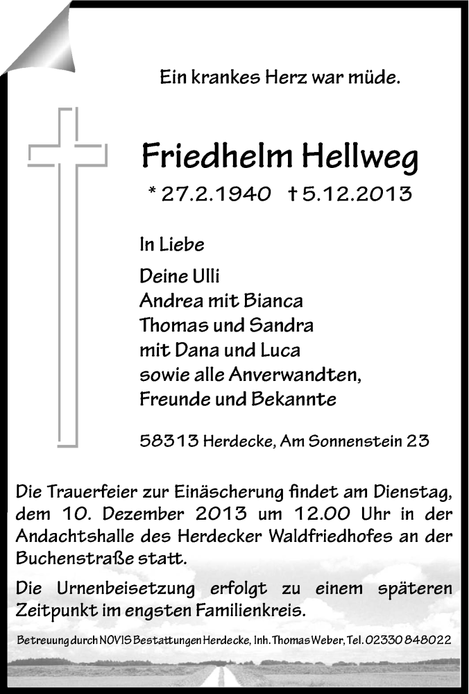  Traueranzeige für Friedhelm Hellweg vom 07.12.2013 aus Tageszeitung