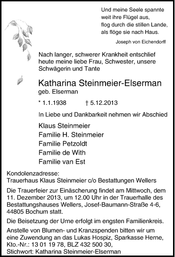 Traueranzeige von Katharina Steinmeier-Elserman von Tageszeitung