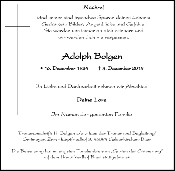 Traueranzeige von Adolph Bolgen von Tageszeitung