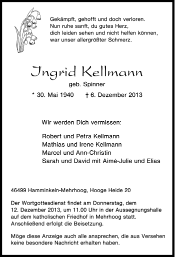 Traueranzeige von Ingrid Kellmann von Tageszeitung