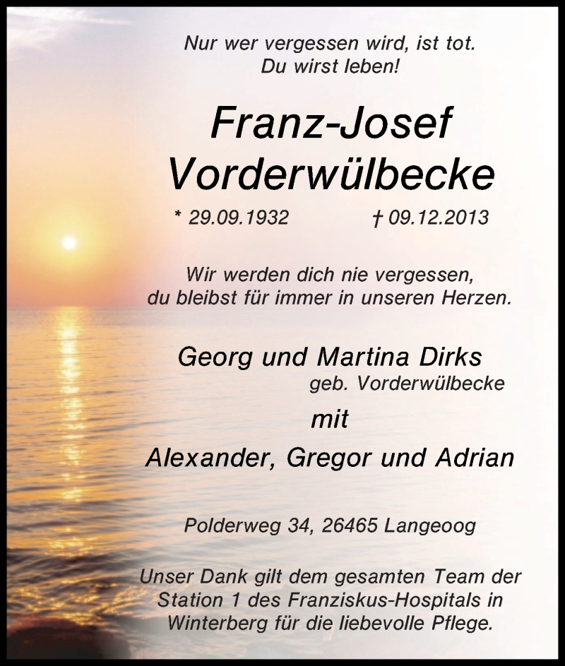  Traueranzeige für Franz-Josef Vorderwülbecke vom 11.12.2013 aus Tageszeitung