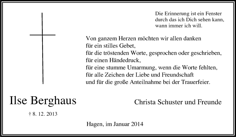  Traueranzeige für Ilse Berghaus vom 13.12.2013 aus Tageszeitung