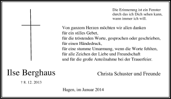Traueranzeige von Ilse Berghaus von Tageszeitung
