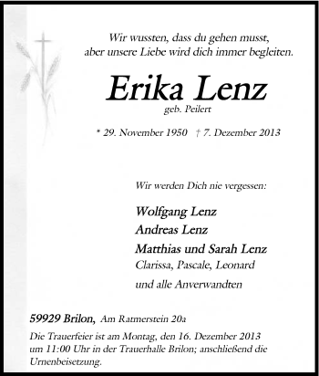 Traueranzeige von Erika Lenz von Tageszeitung