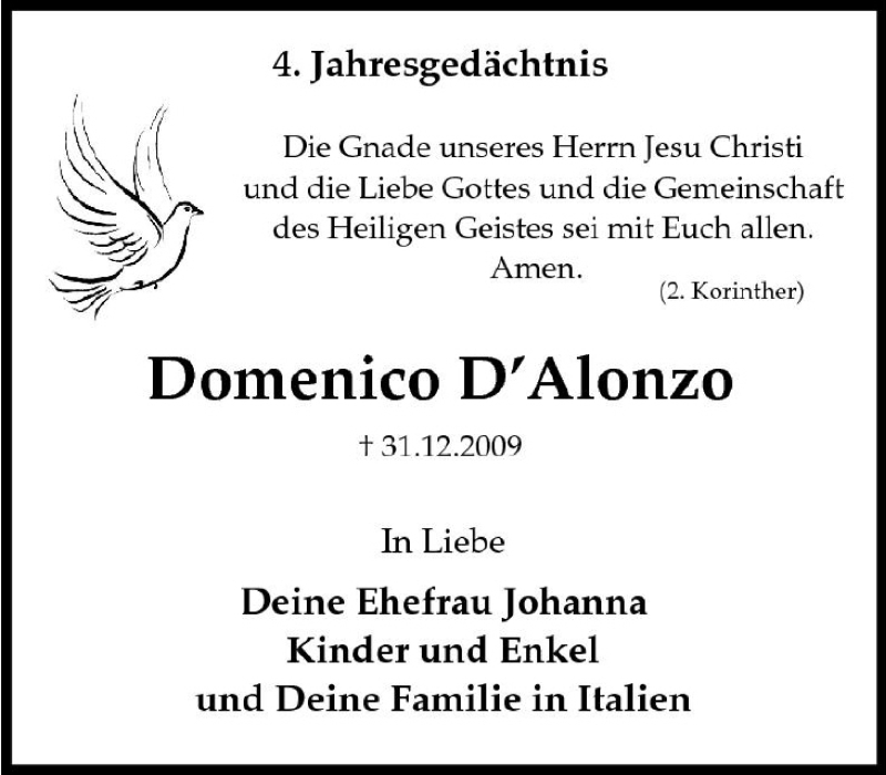  Traueranzeige für Domenico D´ Alonzo vom 31.12.2013 aus Tageszeitung