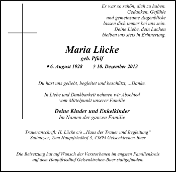 Traueranzeige von Maria Lücke von Tageszeitung