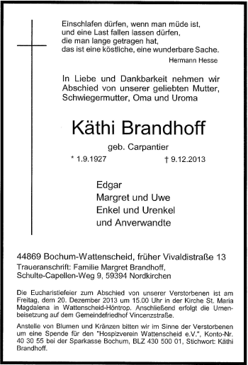 Traueranzeige von Kathi Brandhoff von Tageszeitung