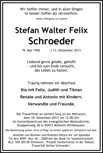 Traueranzeige von Stefan Walter Felix Schroeder von Tageszeitung