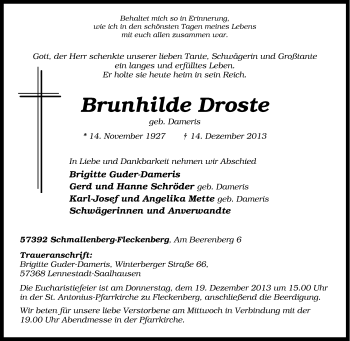 Traueranzeige von Brunhilde Droste von Tageszeitung