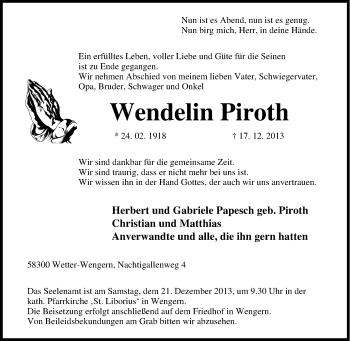 Traueranzeige von Wendelin Piroth von Tageszeitung