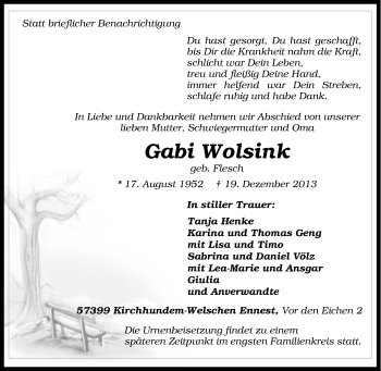 Traueranzeige von Gabi Wolsink von Tageszeitung
