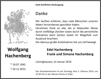 Traueranzeige von Wolfgang Hachenberg von Tageszeitung