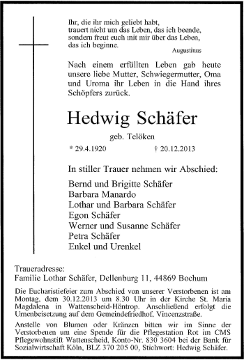 Traueranzeige von Hedwig Schäfer von Tageszeitung