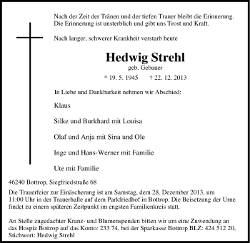 Traueranzeige von Hedwig Strehl von Tageszeitung