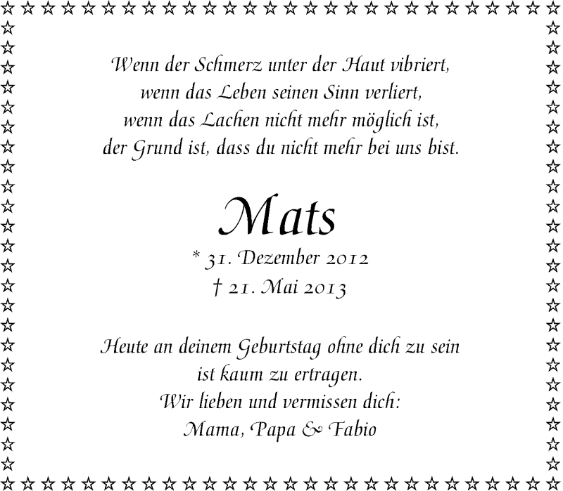  Traueranzeige für Mats Fiedler vom 31.12.2013 aus Tageszeitung