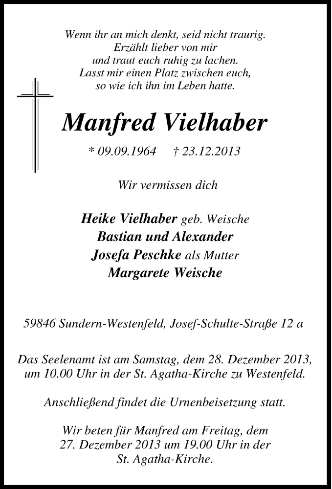  Traueranzeige für Manfred Vielhaber vom 24.12.2013 aus Tageszeitung