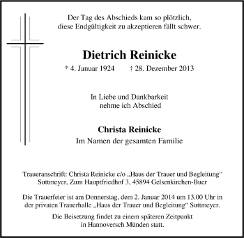 Traueranzeige von Dietrich Reinicke von Tageszeitung