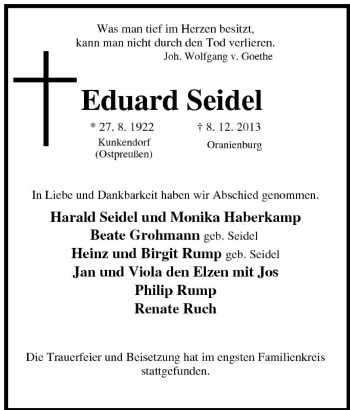 Traueranzeige von Eduart Seidel von Tageszeitung