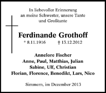 Traueranzeige von Ferdinande Grothoff von Tageszeitung