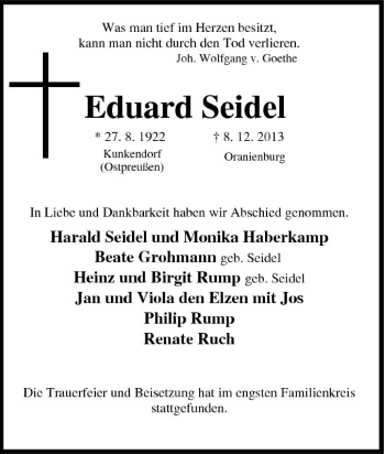 Traueranzeige von Eduard Seidel von Tageszeitung