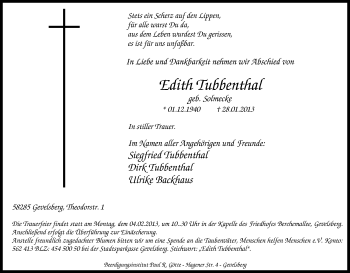 Traueranzeige von Edith Tubbenthal von Tageszeitung