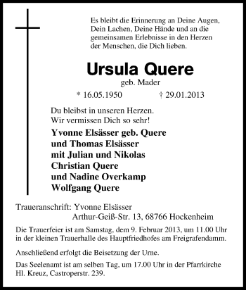 Traueranzeige von Ursula Quere von Tageszeitung