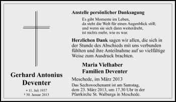 Traueranzeige von Gerhard Antonius Deventer von Tageszeitung