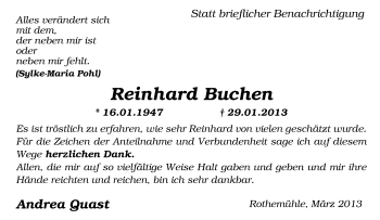 Traueranzeige von Reinhard Buchen von Tageszeitung