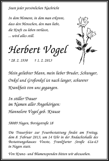 Traueranzeige von Herbert Vogel von Tageszeitung
