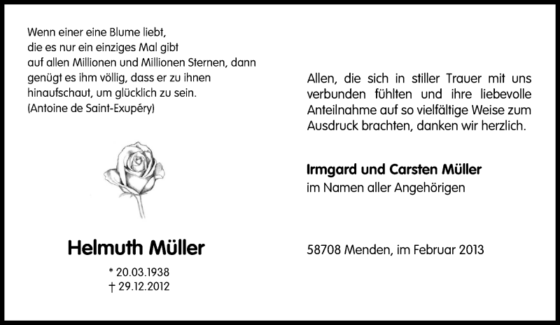  Traueranzeige für Helmuth Müller vom 09.02.2013 aus Tageszeitung