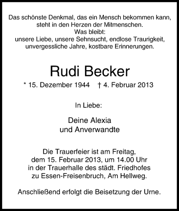 Traueranzeige von Rudi Becker von Tageszeitung