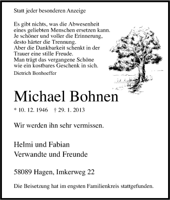 Traueranzeige von Michael Bohnen von Tageszeitung
