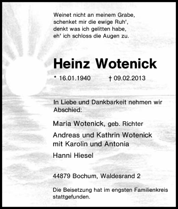 Traueranzeige von Heinz Wotenick von Tageszeitung