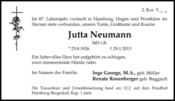 Traueranzeige von Jutta Neumann von Tageszeitung