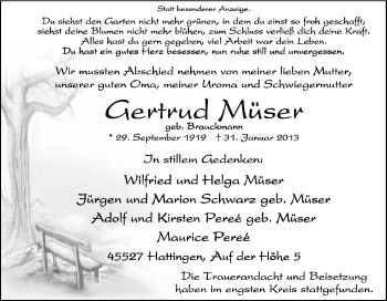 Traueranzeige von Gertrud Müser von Tageszeitung