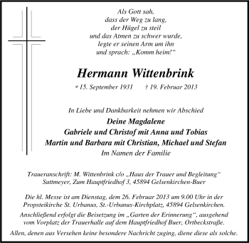Traueranzeige von Hermann Wittenbrink von Tageszeitung