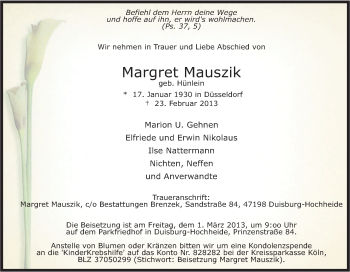 Traueranzeige von Margret Mauszik von Tageszeitung