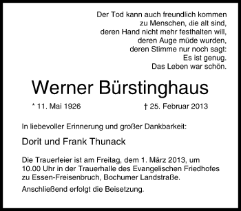 Traueranzeige von Werner Bürstinghaus von Tageszeitung
