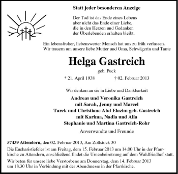 Traueranzeige von Helga Gastreich von Tageszeitung