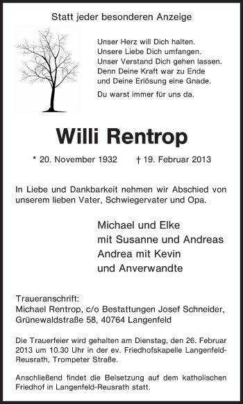Traueranzeige von Willi Rentrop von Tageszeitung