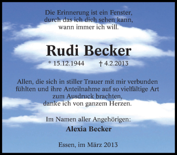Traueranzeige von Rudi Becker von Tageszeitung